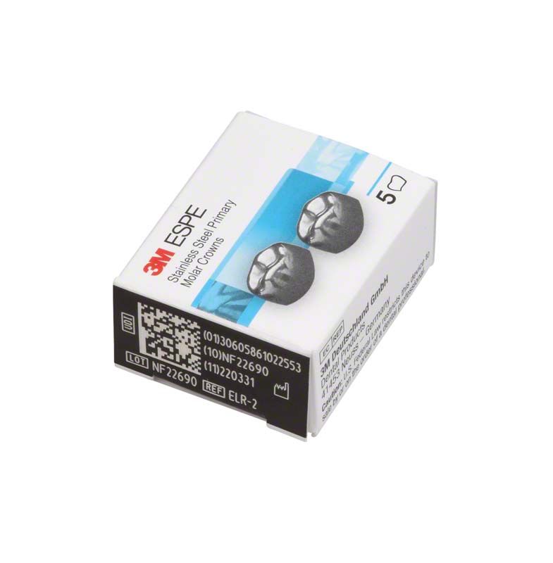 Edelstahlkronen für Milchzahnmolaren UK E-LR-2 in geöffneter Verpackung.