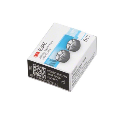 Edelstahlkronenverpackung für Milchzahnmolaren mit 3M ESPE-Logo und QR-Code.