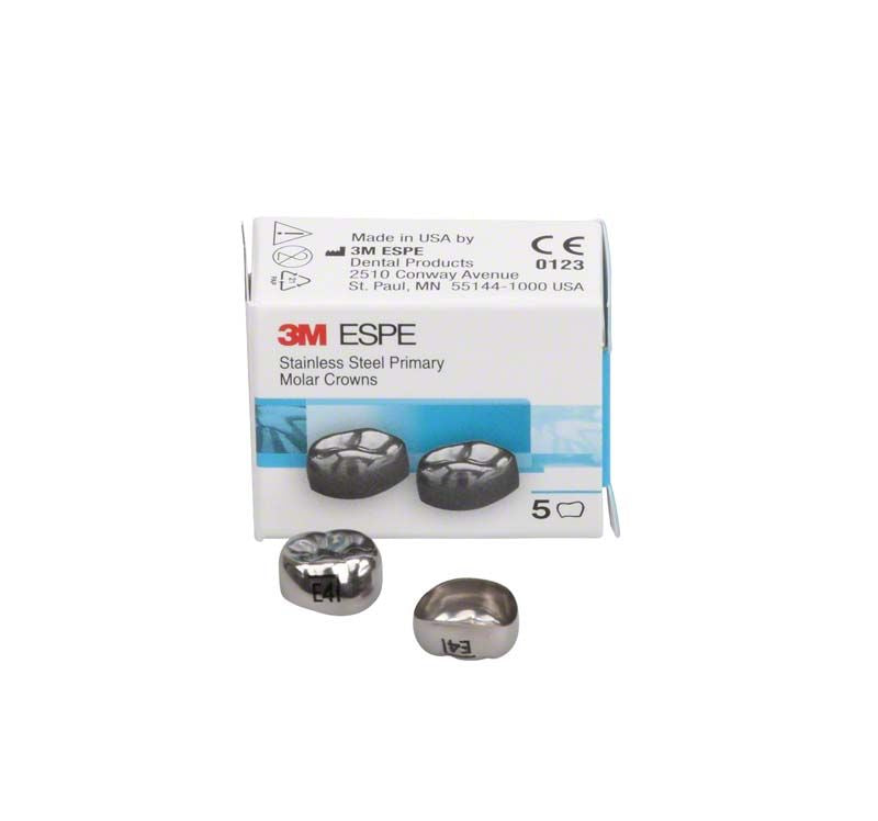 Edelstahlkronen für Milchzahnmolaren von 3M vor Verpackung.