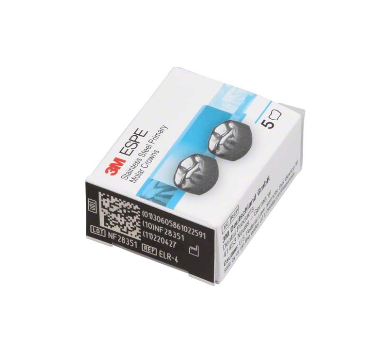 Edelstahlkronen-Verpackung für Milchzahnmolaren, 3M ESPE, fünf Kronen.