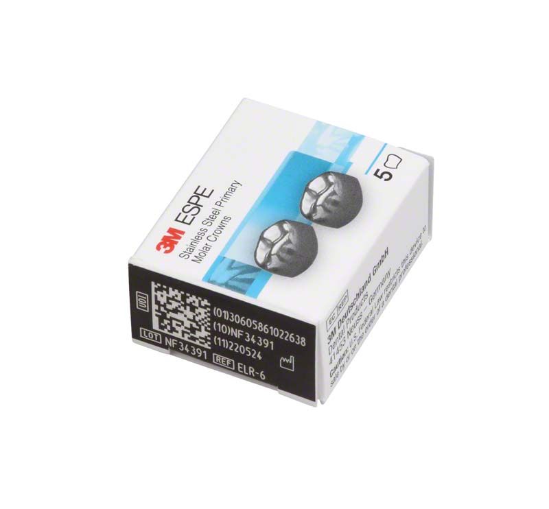 3M Edelstahlkronen-Verpackung mit zwei sichtbaren Kronen für Milchzahnmolaren.