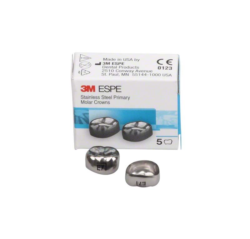 Edelstahlkronen für Milchzahnmolaren, Verpackung mit zwei sichtbaren Kronen.