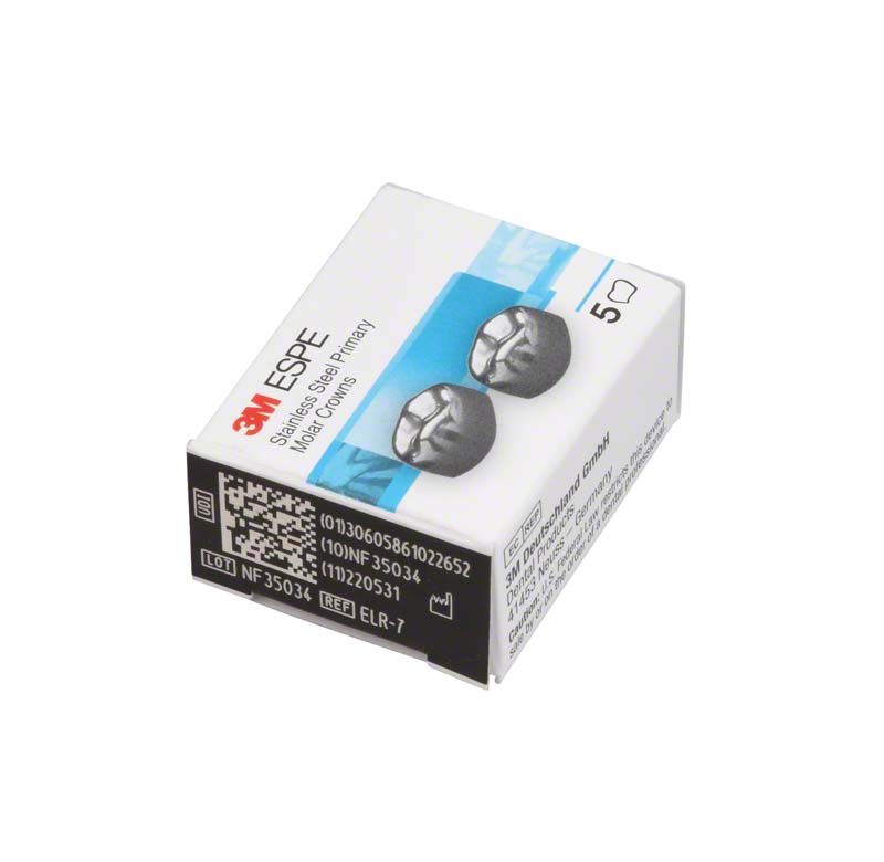 Edelstahlkronen-Milchzahnmolaren-Verpackung mit zwei Kronen und Produktdetails.