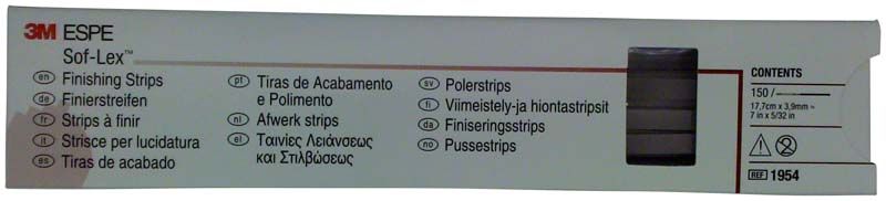 Sof-Lex™ Finierstreifen-Verpackung mit mehrsprachiger Produktbeschreibung.