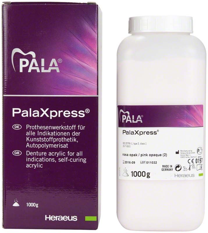 PalaXpress® Pulver 1000g rosa opak Verpackung und Flasche auf weißem Hintergrund