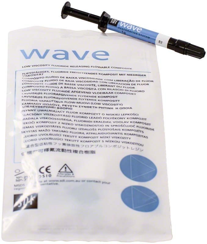Spritze mit Wave Spritze B2 Komposit und Produktverpackung im Hintergrund.