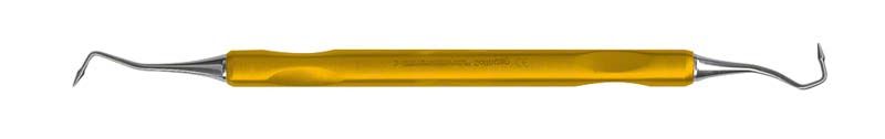 Spezialinstrument für Zahnmedizin mit gelbem Griff und gebogenen Enden.