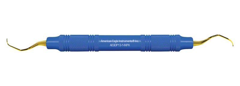 American Eagle XP Gracey +3 Kürette mit blauem Griff und goldenen Spitzen.