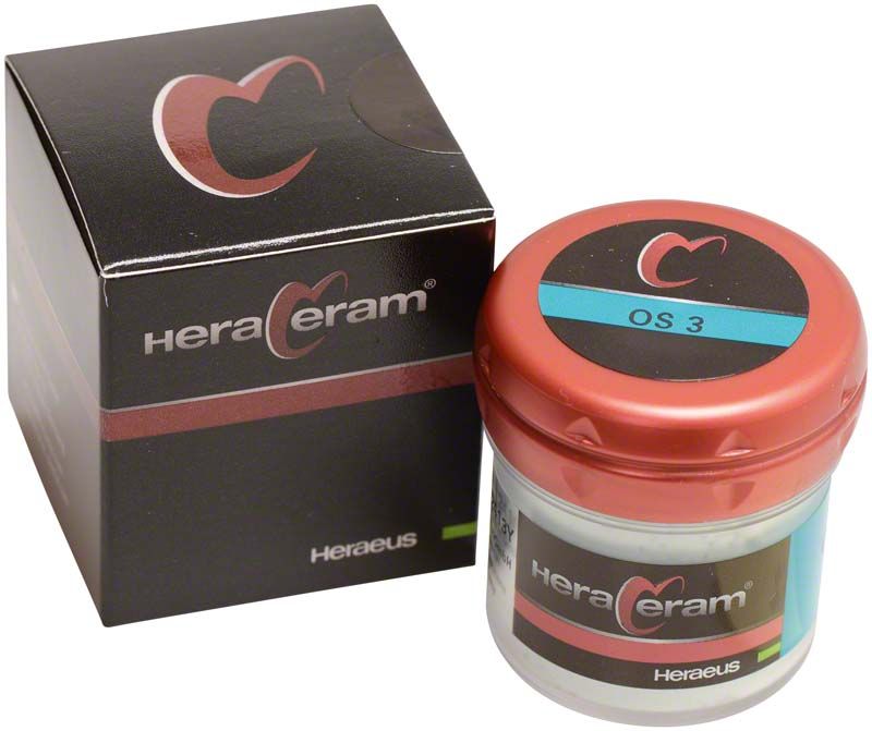 HeraCeram® Opalschneide 20g OS3 in rotem Glasbehälter mit Verpackung.