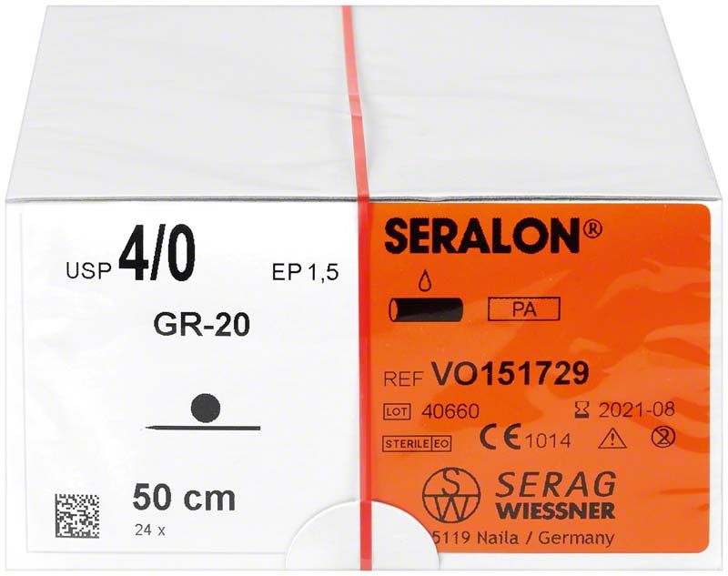Verpackung des chirurgischen Nahtmaterials SERALON® blau 50cm 4/0 GR20.