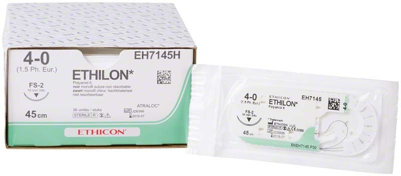 ETHILON Nylon Suture 4-0 Schwarz Verpackung mit Nadel-Faden-Kombination.