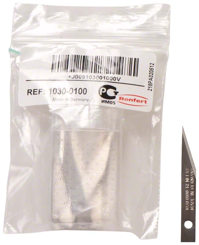 Packung mit 10 breiten Ersatzklingen für Universalinstrumente im Dentalbereich.