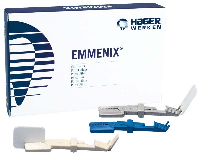Hygienischer Emmenix® Röntgenfilmhalter vor Produktverpackung von Hager Werken.