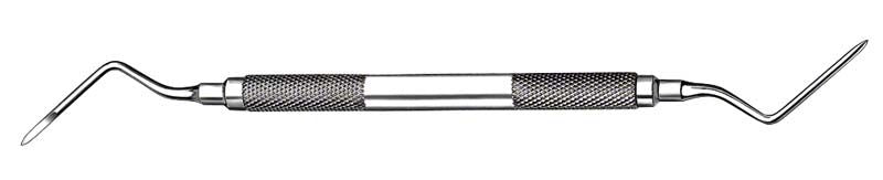 Doppelendiger Wurzelrestentferner aus Edelstahl mit Ergoform-Griff.