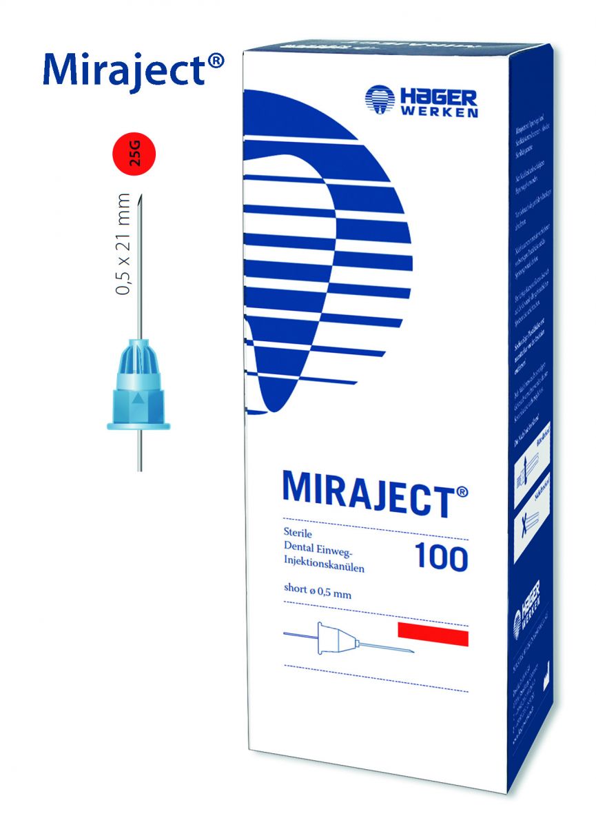 Miraject Einweg-Dentalinjektionskanülen 25G 0,5 x 21mm in Verpackung.