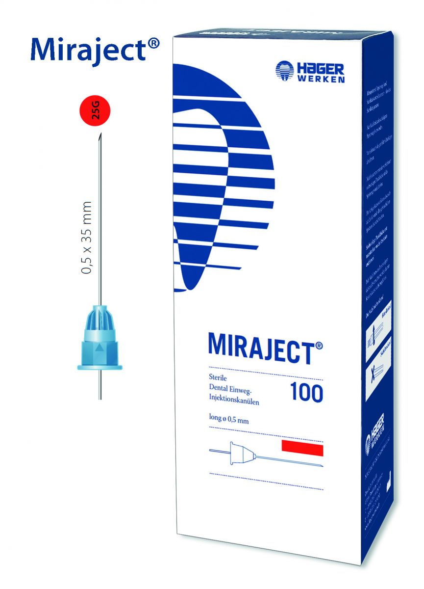 Sterile Miraject Dental Einweg-Injektionskanüle 25G, Verpackung mit 100 Stück.