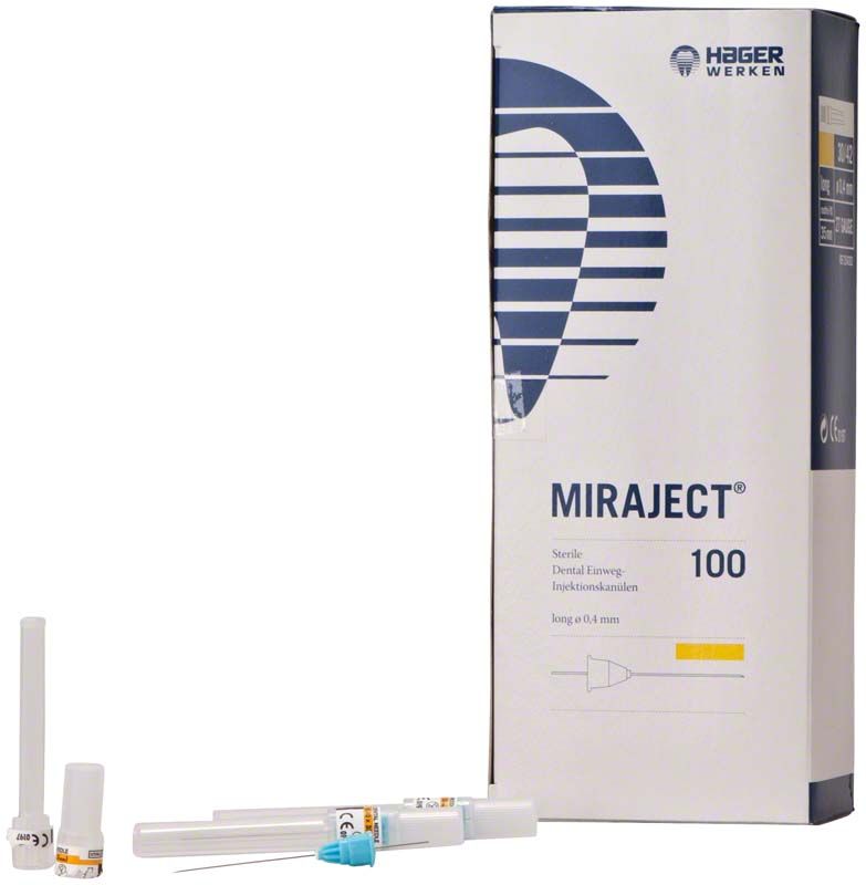 Sterile Einweg-Kanüle Miraject 27G mit Verpackung und Hygienesiegel.