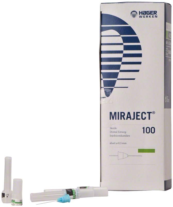 Sterile Miraject Einweg-Kanüle 30G für Zylinderampullen mit Verpackung.