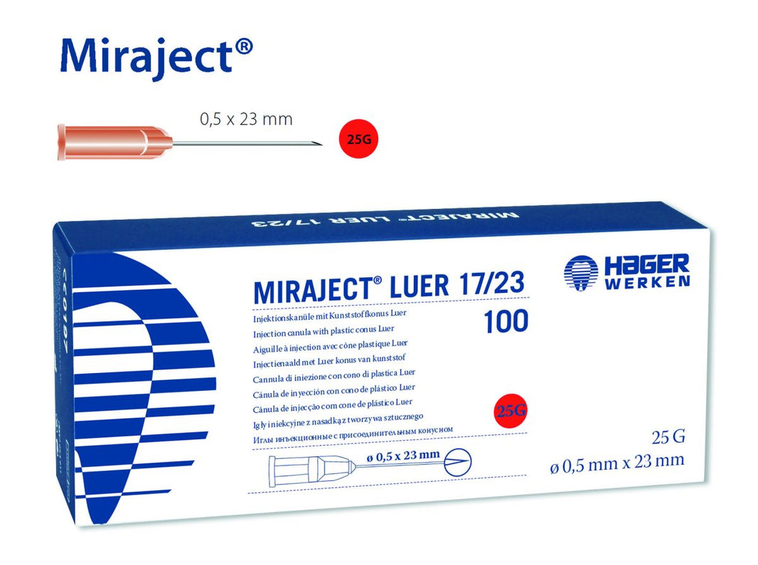 Miraject Luer 25G Injektionskanüle in Verpackung mit Produktdetails.
