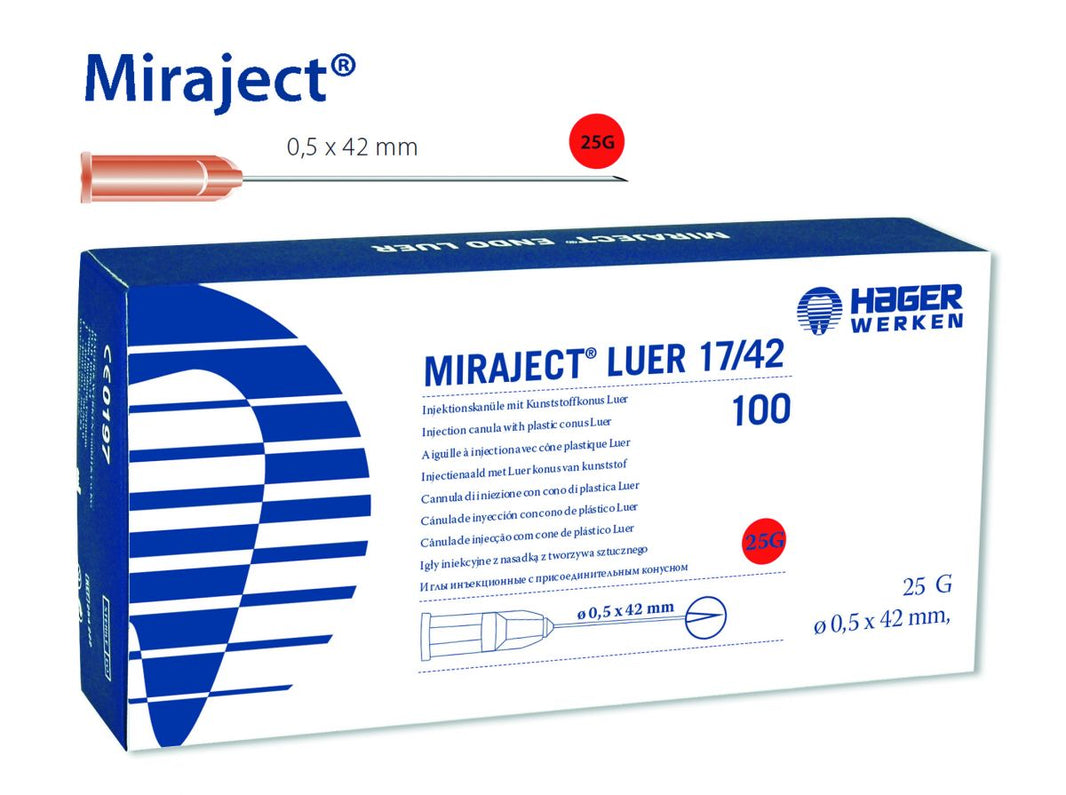 Sterile Einweg-Injektionskanüle Miraject Luer 25G, 0,5 x 42mm, in Verpackung.