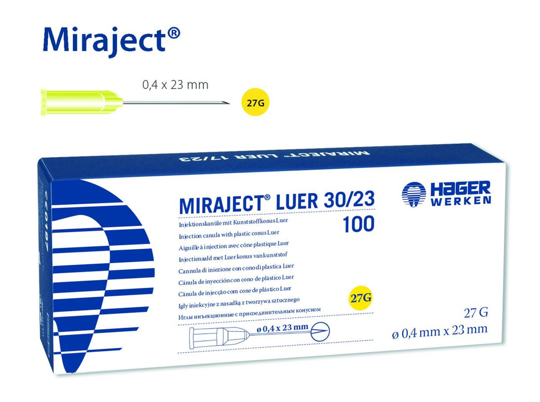 Miraject Luer 27G Einweg-Injektionskanüle in Originalverpackung.