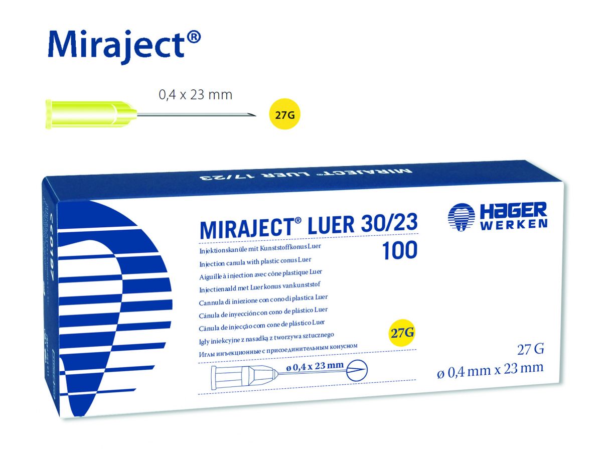 Miraject Luer 27G Einweg-Injektionskanüle in Originalverpackung.