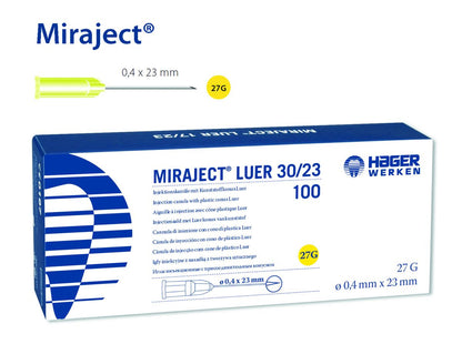 Miraject Luer 27G Einweg-Injektionskanüle in Originalverpackung.