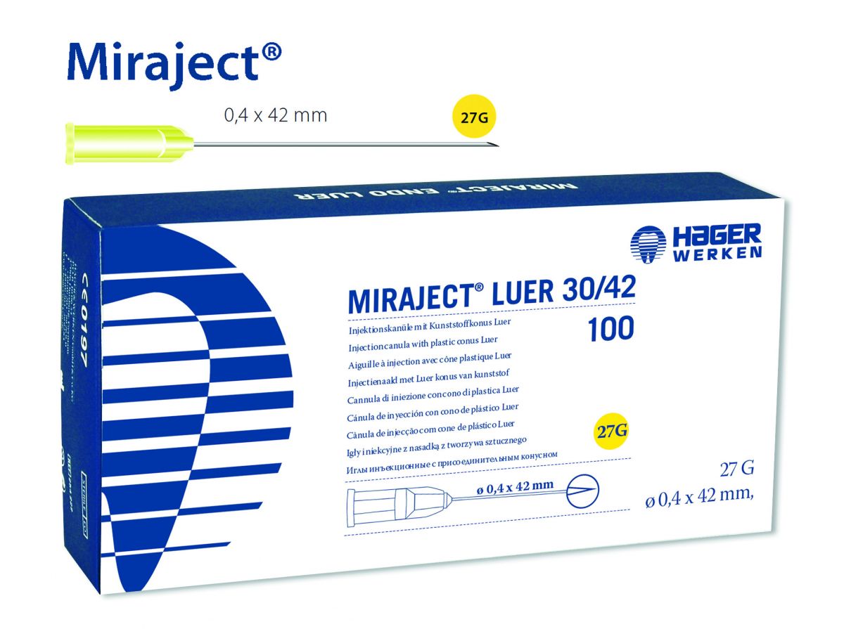 Verpackung der Miraject Luer 27G Injektionskanülen mit Größenangabe und Markennamen.