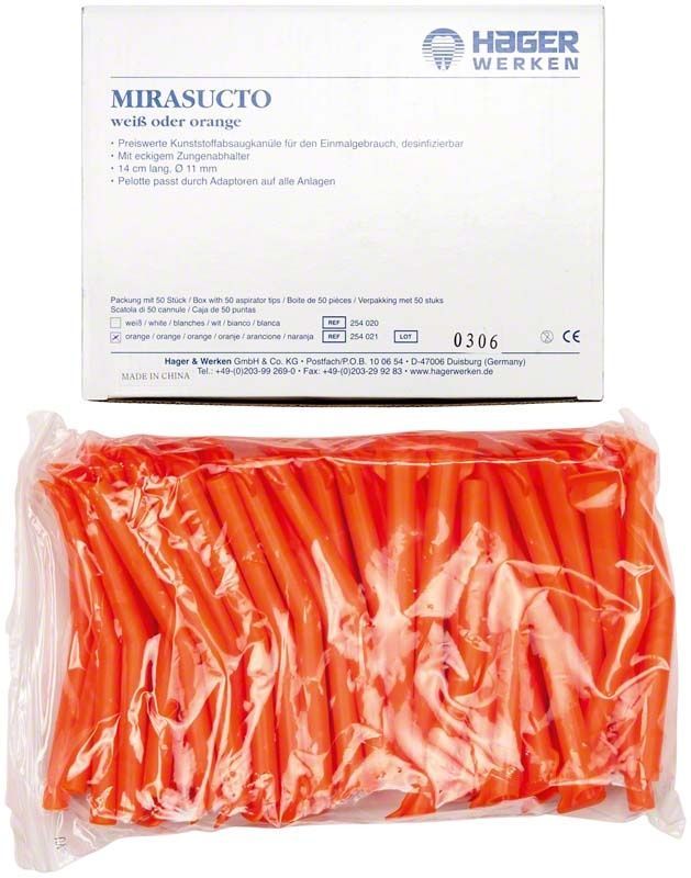 Einweg-Kunststoffabsaugkanüle Mirasucto in orange, verpackt in transparentem Beutel.