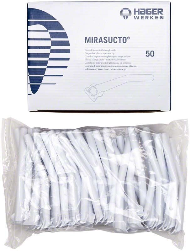 Verpackung und Beutel mit Mirasucto weiß Absaugkanülen für den Dentalbereich.
