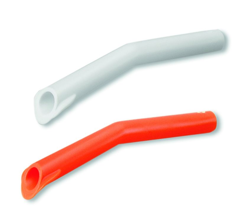 Orangefarbener und weißer Pelotte-Aspirator in schräger Anordnung.