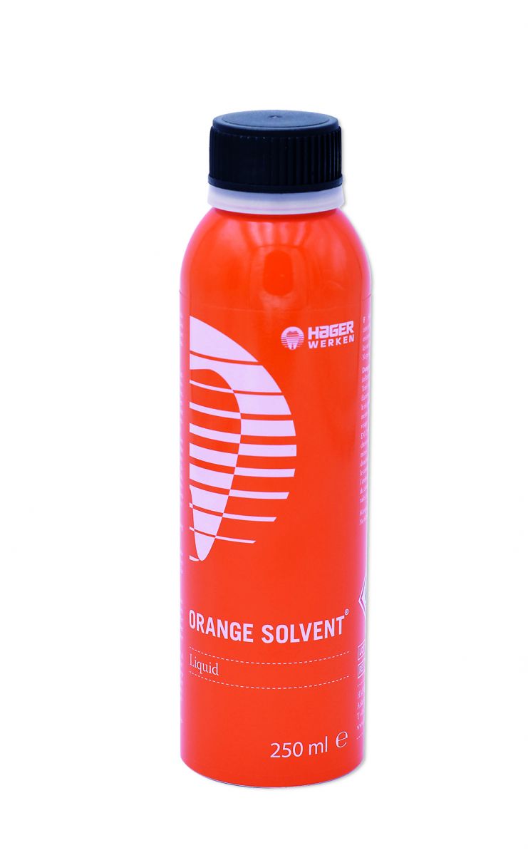 Orangenlösungsmittel 250ml von Hager & Werken, rote Flasche mit schwarzem Deckel.