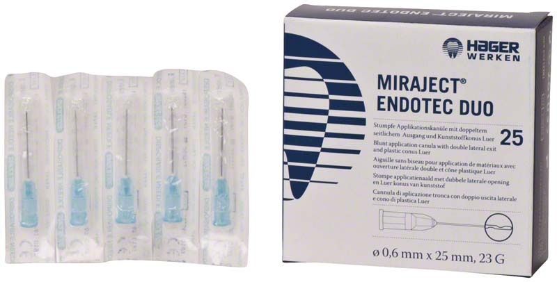 Miraject Endotec Duo 23G Applikationskanüle in Einzelverpackung und Originalverpackung.