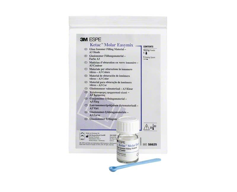 Ketac Molar Easymix Pulver A3 Verpackung mit Löffel und Flasche.