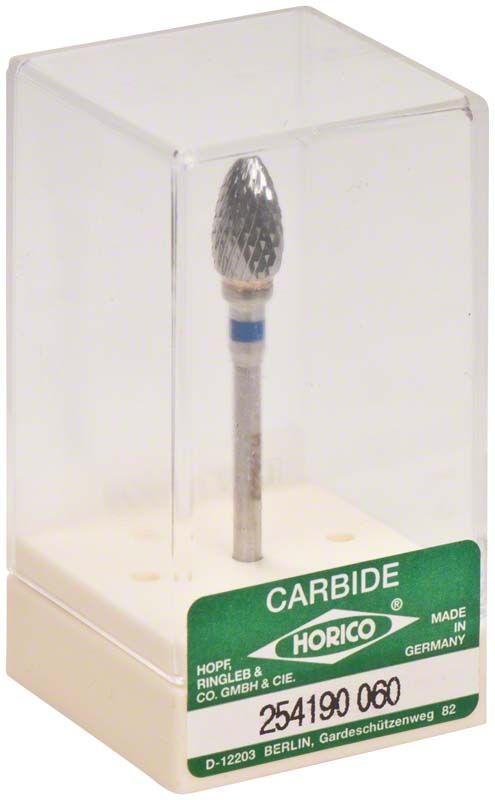 Hartmetallfräser Kreuzverzahnung von Horico in transparenter Verpackung.