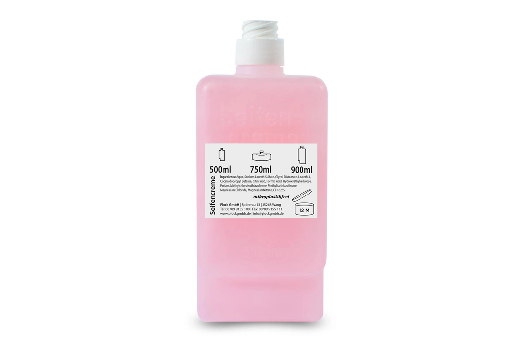 Flüssigseife in rosa Kartusche, 500ml, mit Etikett von Plock.