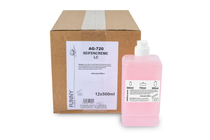 Rosa Flüssigseife-Kartusche 500ml vor brauner Versandverpackung mit Etikett.