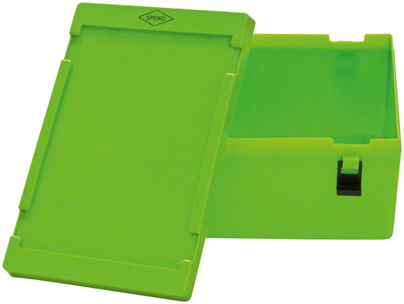 Labor-Container Gr. 2 mit grünem Deckel und schwarzem Verschluss.