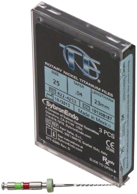 SybronEndo TF® Twisted Feilen 23mm 25/.04 in Verpackung mit Produktinformationen.