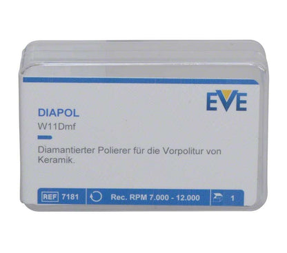 Diamantierter Polierer EVE Diapol W11Dmf in transparenter Verpackung.