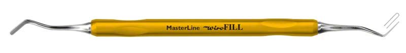 MasterLine Wiro-FILL Komposit-Instrument mit gelbem Griff und doppelseitigen Spatelenden.
