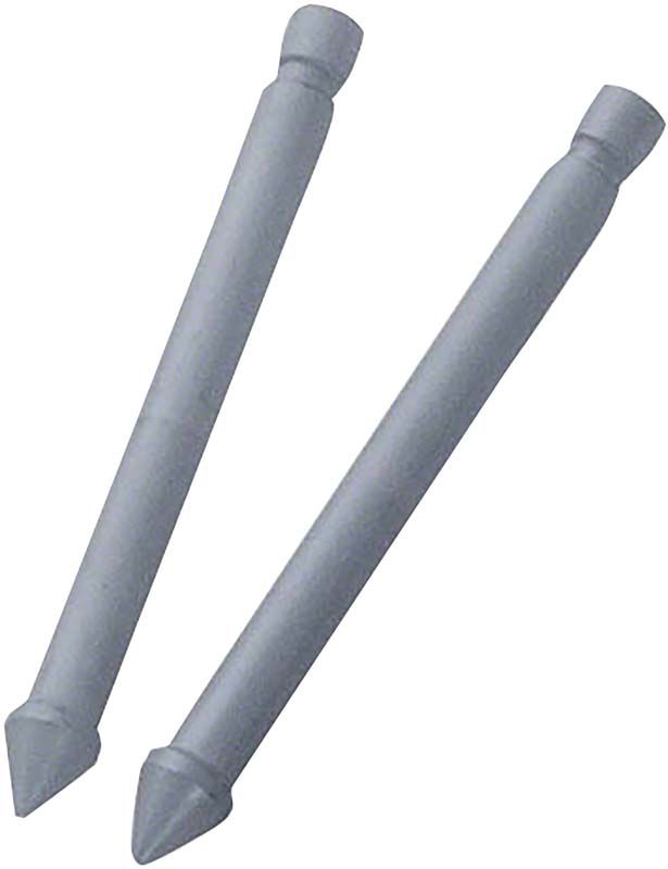 Zwei graue Longlife-Verschlussstößel für INDURET-Gießgeräte.