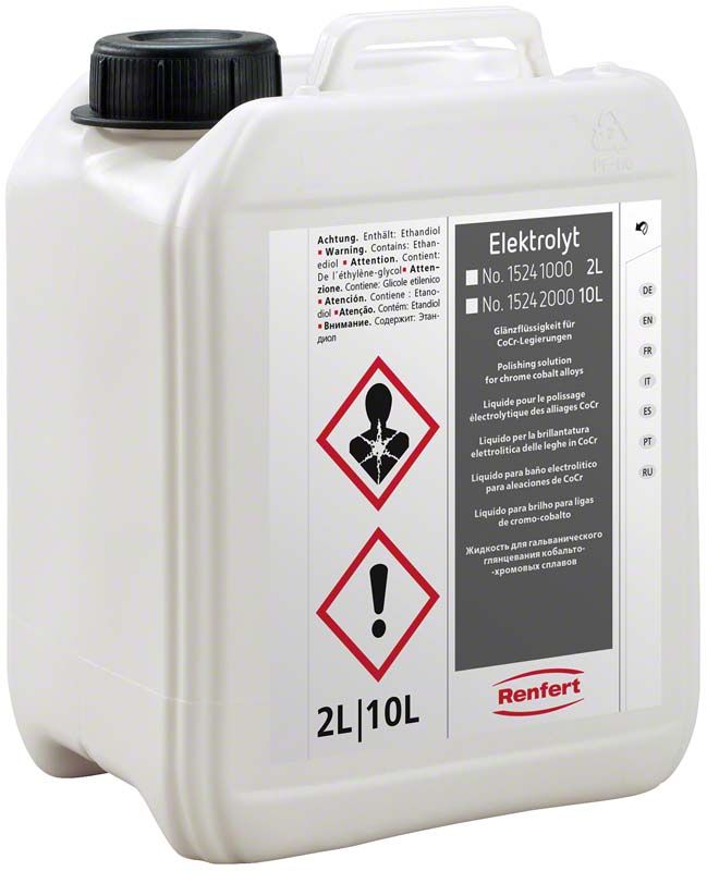 Kanister mit Renfert-Elektrolyt für Glänzen von Modellgussgerüsten, 10 Liter.