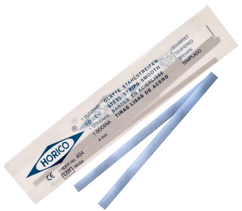 Glatter Horico Stahlstreifen 4mm mit Verpackung für zahnmedizinische Anwendungen.