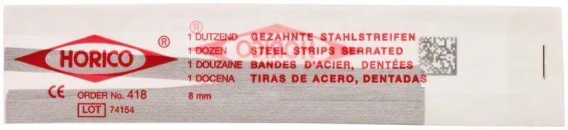 Verpackung von Horico gezahnten Stahlstreifen, 8mm breit, 12 Stück.