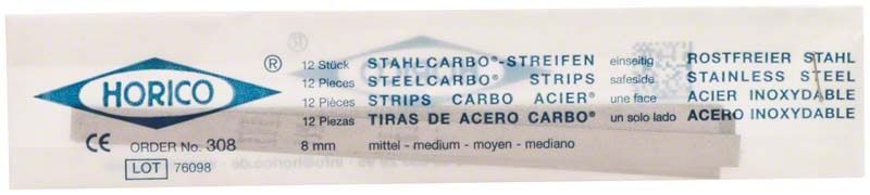 Verpackung der Horico Stahlcarbo-Streifen, einseitig, 8mm, für den dentalen Einsatz.