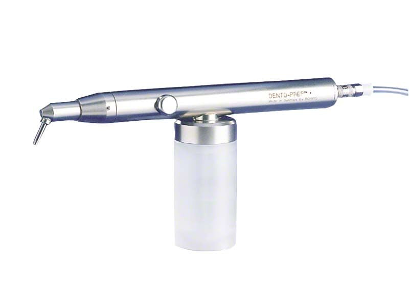 Mikro-Pulverstrahlgerät DENTO-PREP™ mit Edelstahlkörper und Kunststoffbehälter.