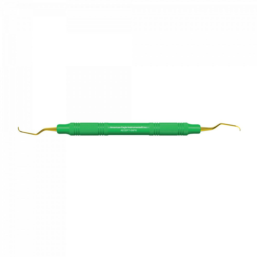 Grüner EagleLite® Handgriff mit goldfarbenen XP Gracey Kürettenspitzen.
