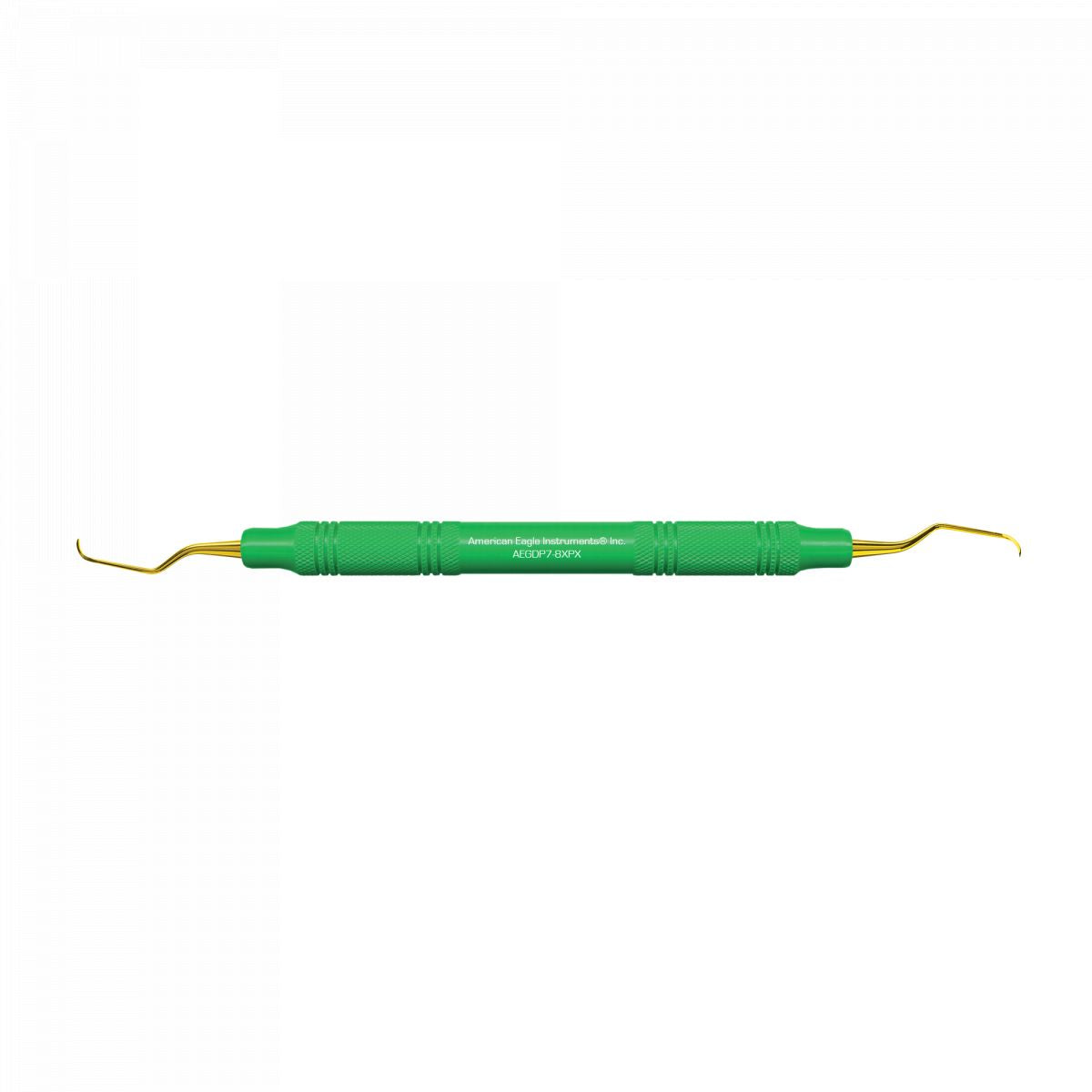Grüner EagleLite® Handgriff mit goldfarbenen XP Gracey Kürettenspitzen.