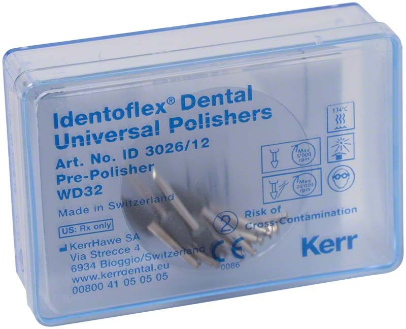 Kunststoffbox mit Identoflex™ Universalpolierer Figur 02 für den Dentalgebrauch.